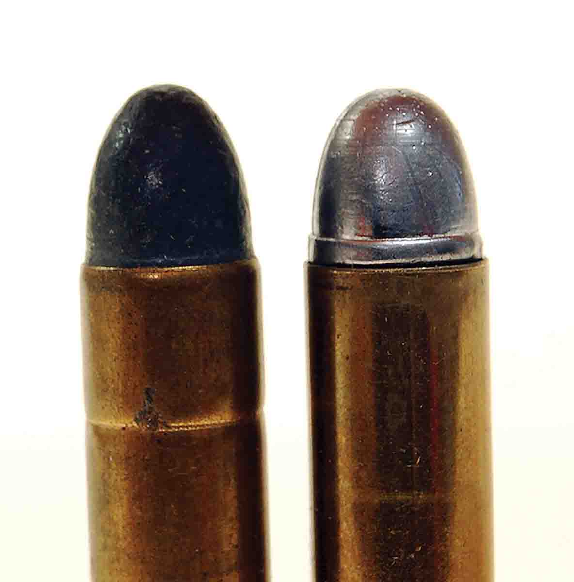 The bullet in an early factory load (left) shows how close Lyman mould No. 429383 is to the original bullet profile.
